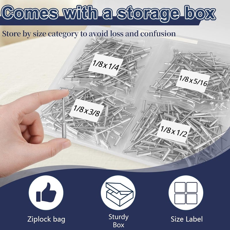 ZQZ طقم مسامير ريفيت 320 قطعة بحجم 1/8 بوصة - 4 أحجام من مسامير الألمنيوم (1/8" × 1/4"، 1/8" × 5/16"، 1/8" × 3/8"، 1/8" × 1/2")، مسامير ريفيت عمياء لرأس القبة المعدنية - Image 4